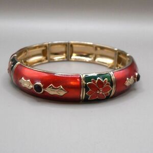 Joyland Holiday Stretch Bracelet Red Green Enamel Poinsettia Holly Gold Tone